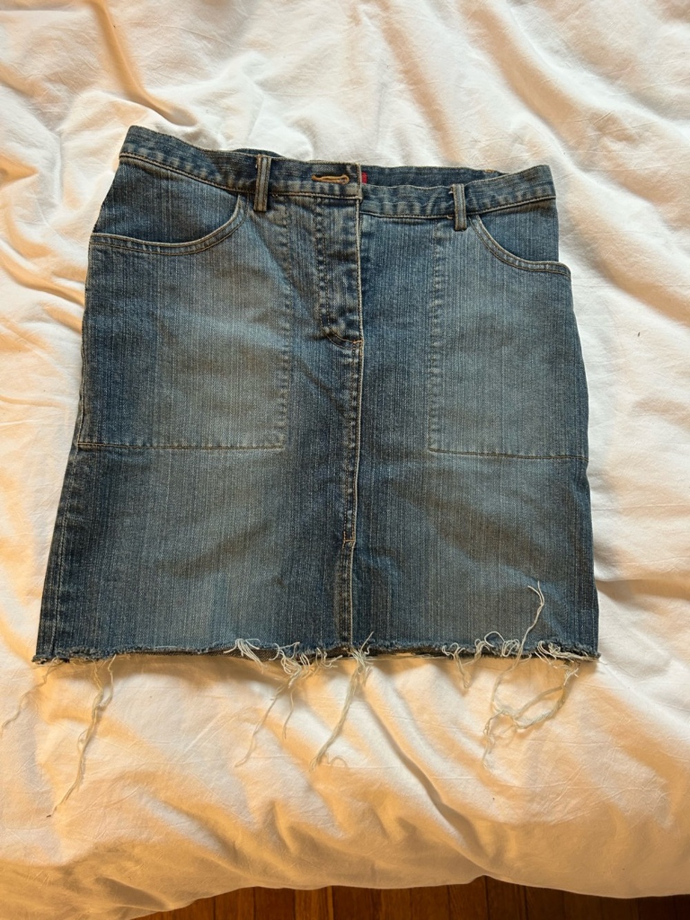 French Connection Blue Denim Midi Skirt with Frayed Hem